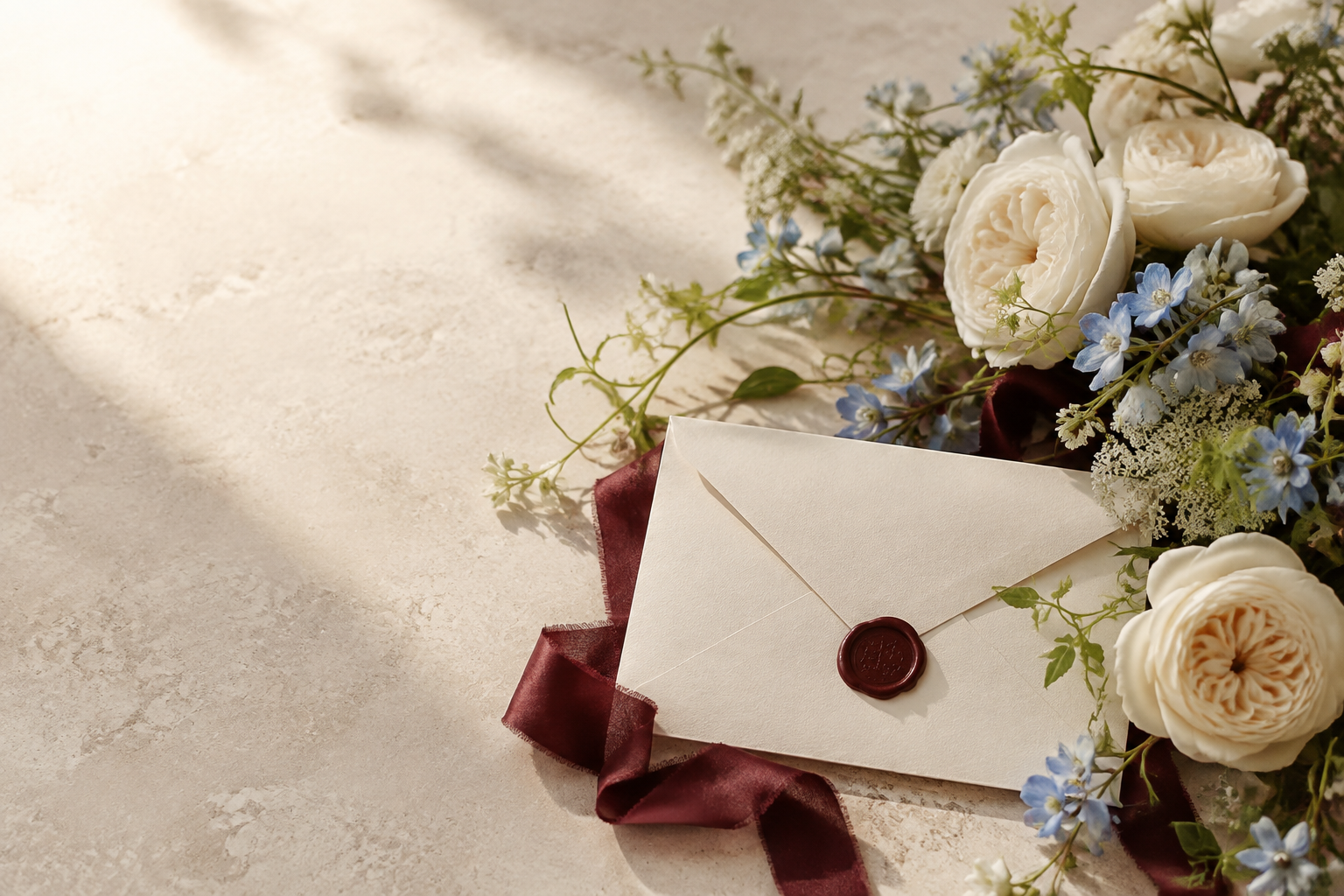 Ivory wedding stationery beside white and blue flowers and a burgundy silk ribbon